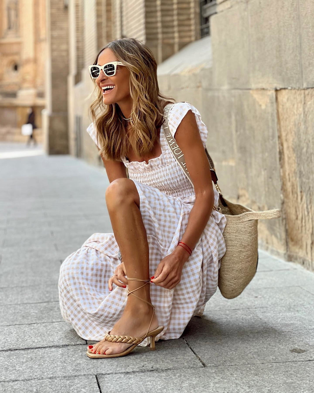 Fashionable women's smocked sleeve maxi dress, a versatile piece for elegant casual summer and ladies' apparel.