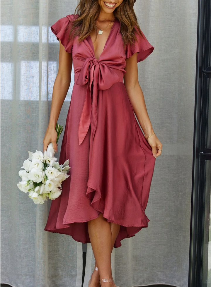 Flattering Amira flowy midi dress for women, perfect for summer vacation, party, or elegant wedding guest.
