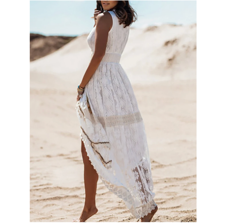 White sleeveless elegant women's summer dress, flattering & comfortable for sunny days.