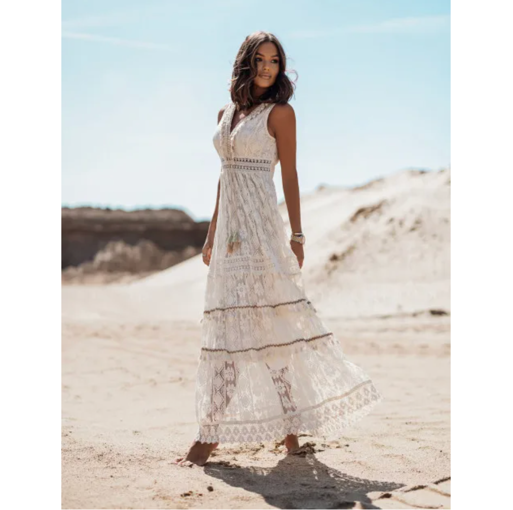 Apricot elegant women's summer maxi dress, comfortable & stylish for vacation.
