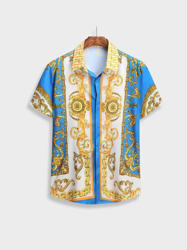 Men's sophisticated two-piece summer set in rich baroque style, for luxury vacation fashion.