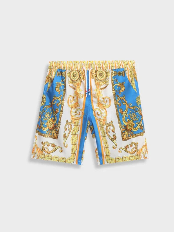 Detailed view of the luxurious fabric and bold baroque print of this men's elegant summer set.