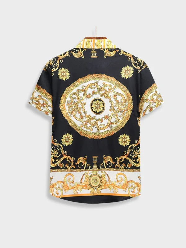 Close-up: Rich baroque pattern on men's stylish summer top, showcasing luxury detail.