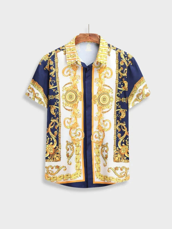 Luxury men's summer casual outfit set, featuring a striking baroque print and comfortable fit.