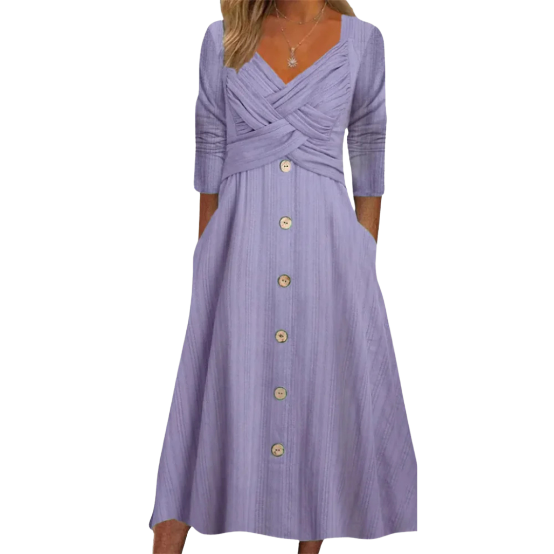 Elegant women's square neck midi dress, flattering A-line silhouette, comfortable tummy coverage, button-down style.