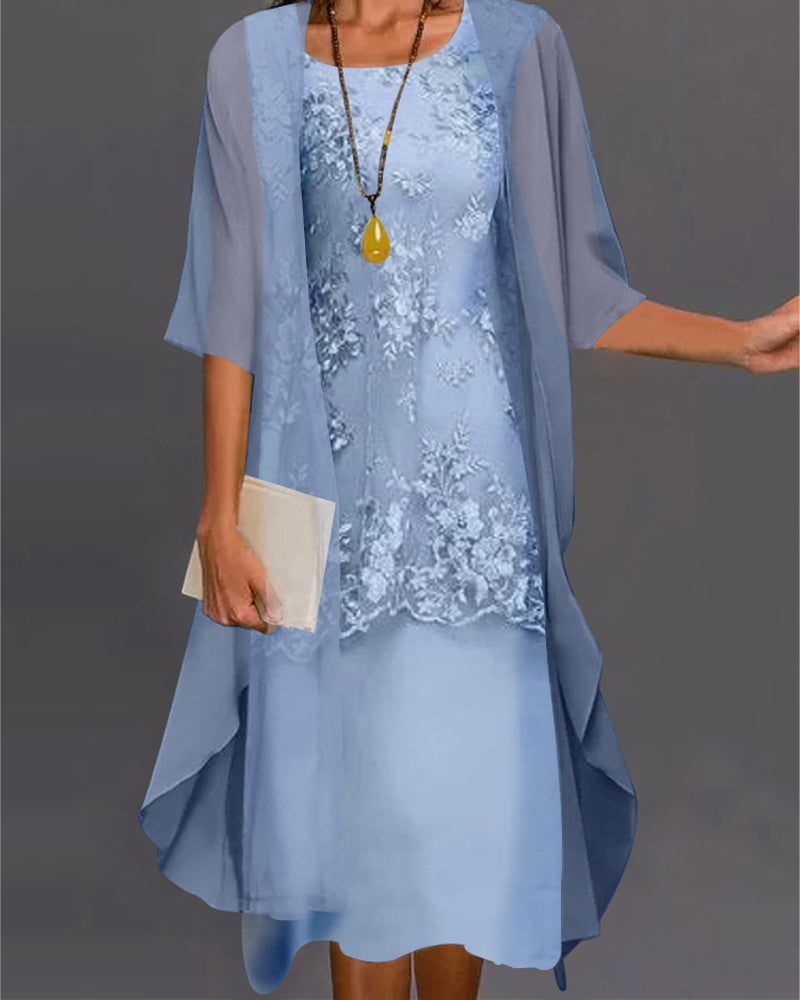 Elegant Viviana women's smocked patchwork dress, knee-length. Flowy 3/4 sleeve chiffon for comfortable spring & summer fashion.
