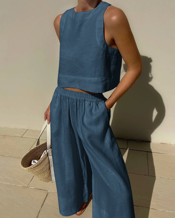 Modern women's two-piece set. Elegant, comfortable, and coordinated for everyday style, travel, or loungewear.