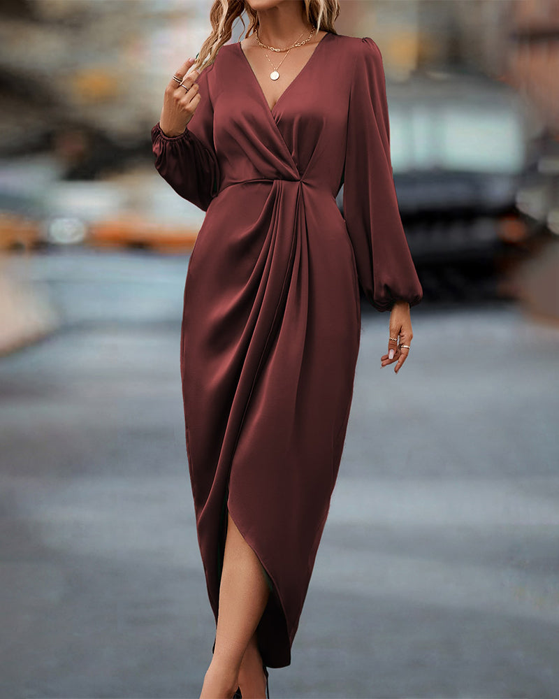 Chic V-neck formal dress with elegant lantern sleeves for women, perfect for parties & special events.