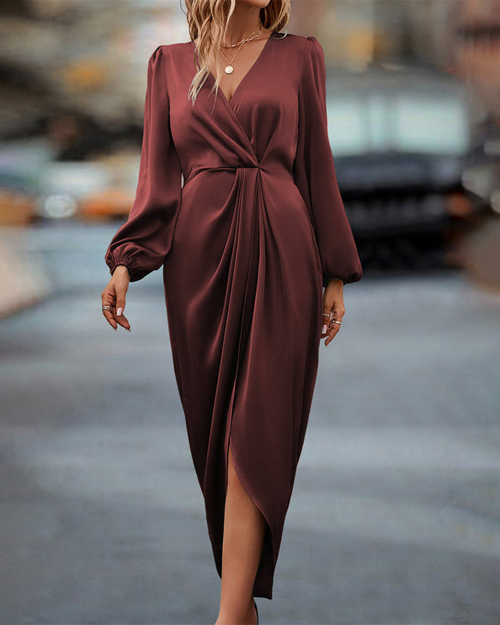 Beautiful women's long V-neck dress with unique lantern sleeves, offering an elegant & flattering silhouette.