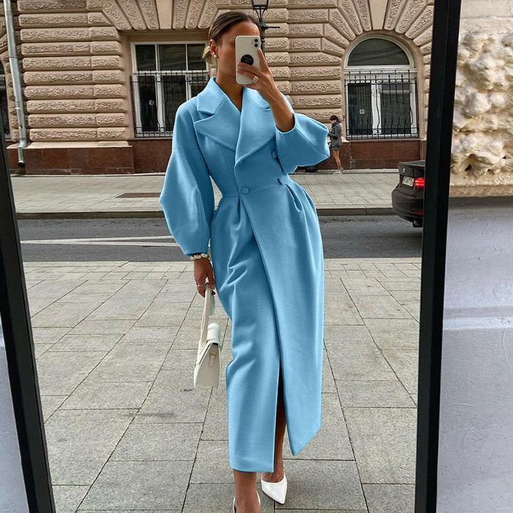 Stylish women's long double-breasted coat, a versatile piece for elegant autumn fashion.
