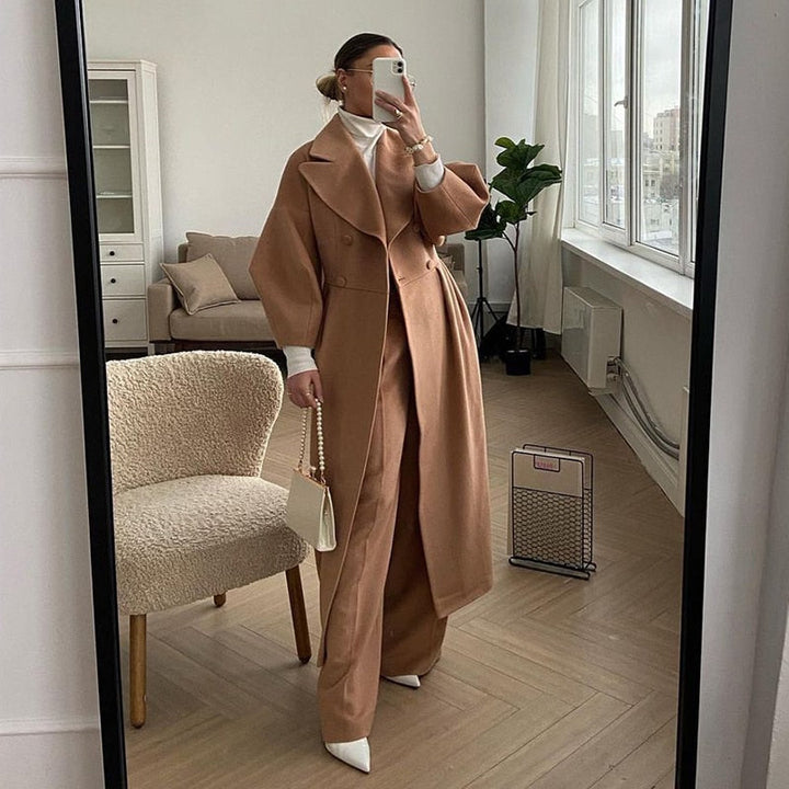 Autumn/Winter women's long coat, double-breasted & elegant for sophisticated outerwear.