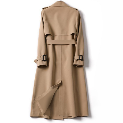 Classic double-breasted women's trench coat with belt, ideal for chic spring and fall outerwear.