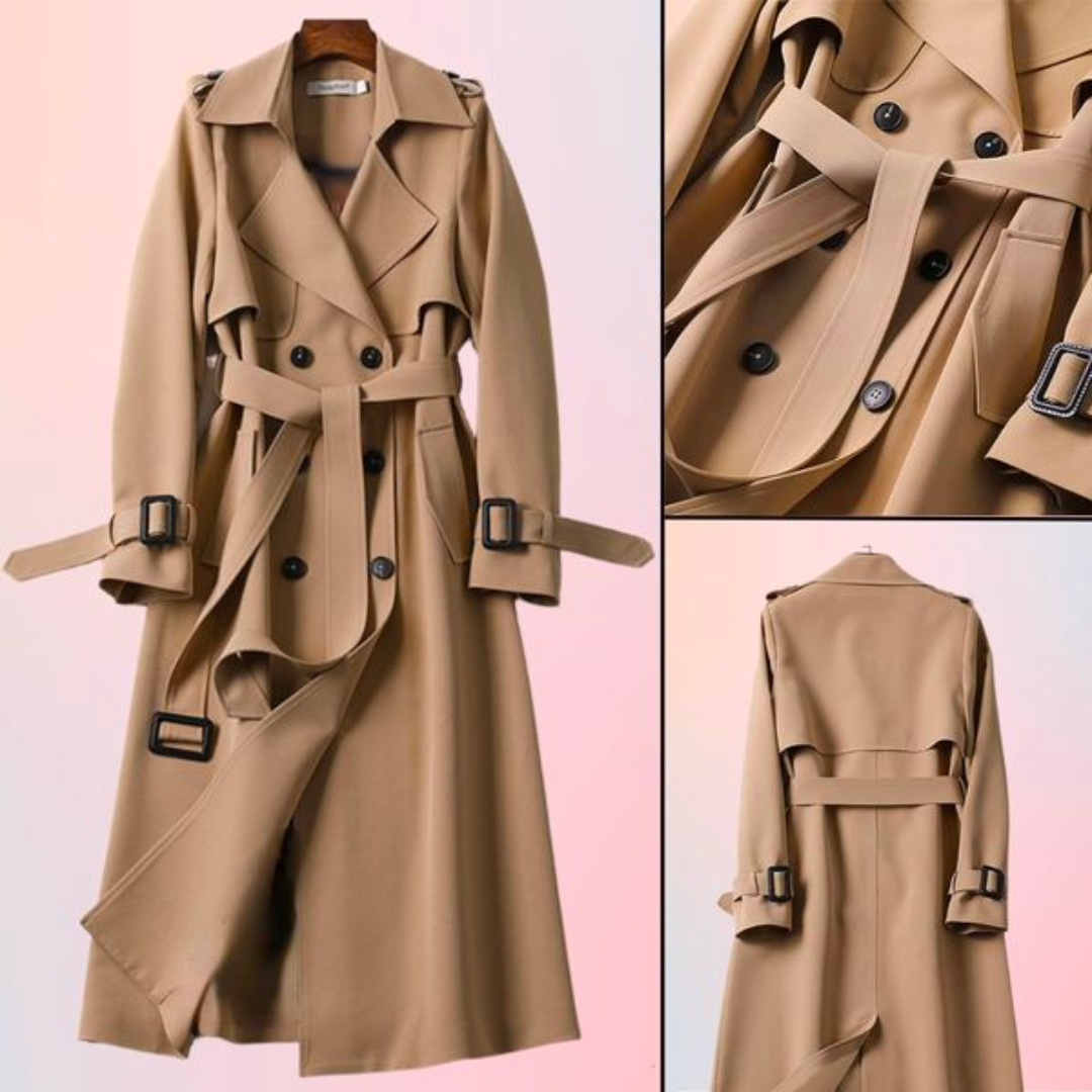 Elegant women's double-breasted trench coat, a chic outerwear choice for classic fashion lovers.