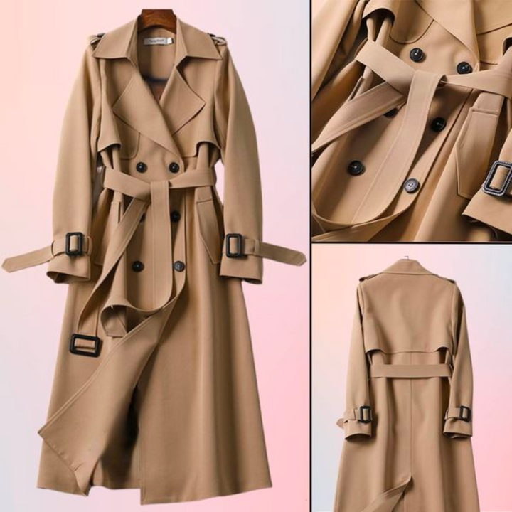 Elegant women's double-breasted trench coat, a chic outerwear choice for classic fashion lovers.
