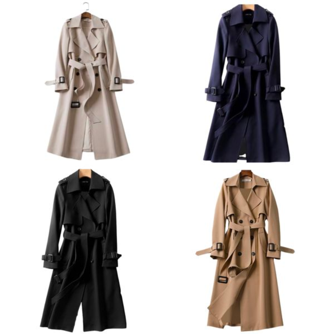 Timeless women's double-breasted trench coat, elegant long design for versatile spring/fall fashion.