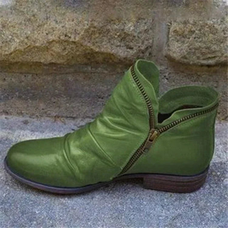 Ladies' elegant ruffle ankle boots with orthopedic comfort and convenient side-zip for daily wear.