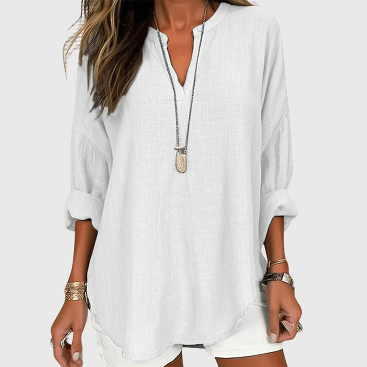 Women's breezy V-neck long sleeve tunic, perfect for versatile summer and everyday wear.