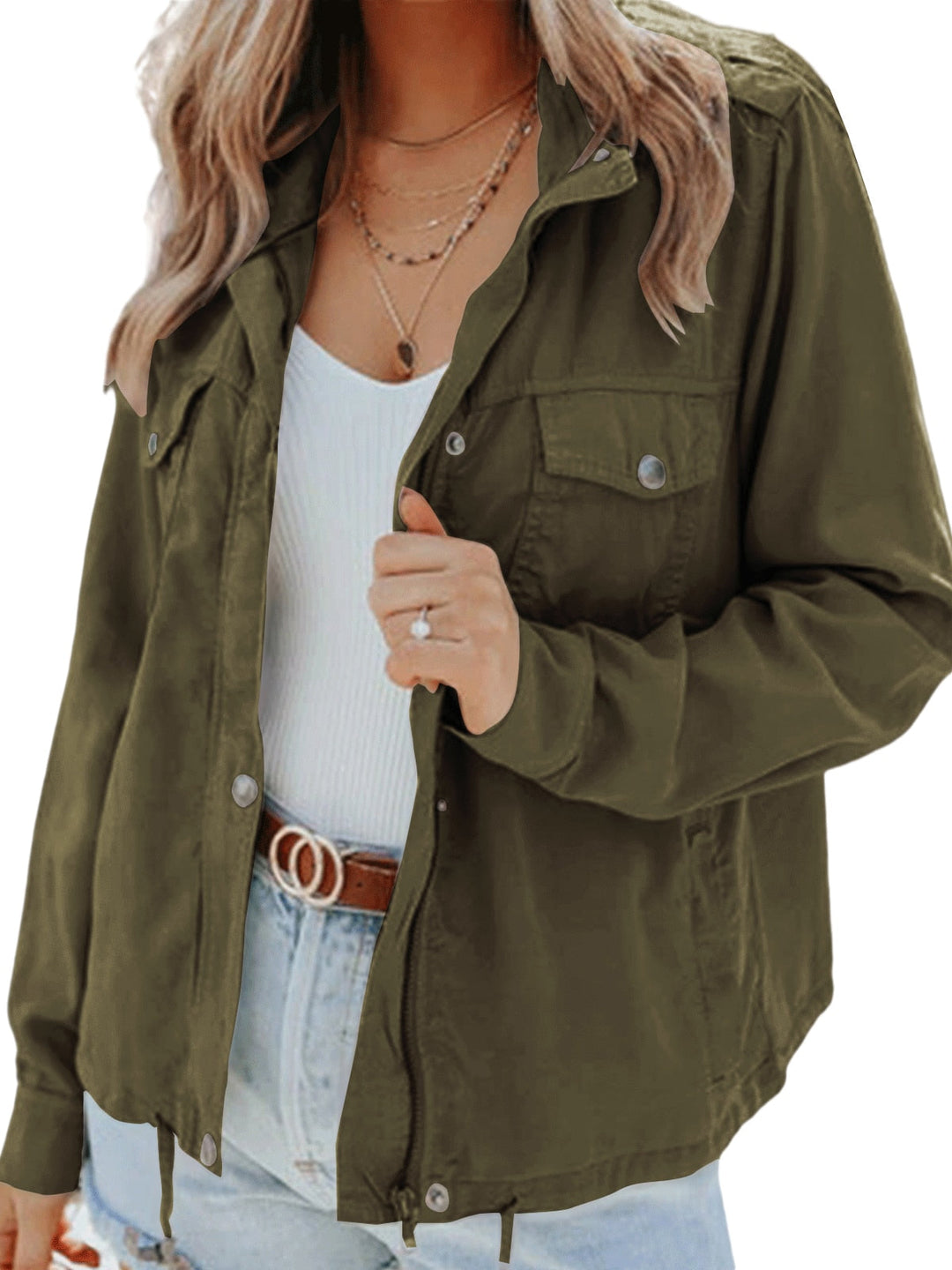 Chic women's long sleeve jacket. Stylish outerwear for fall & spring.