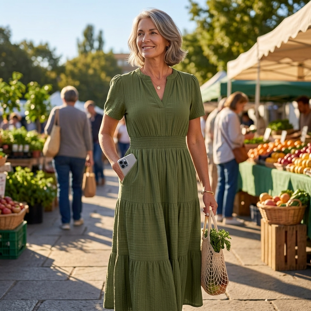 Stylish women's short sleeve V-neck tiered midi dress with a flattering smocked waist and functional pockets.