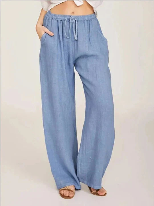 Stylish women's wide leg drawstring pants, offering a flowy, relaxed fit for summer and travel comfort.