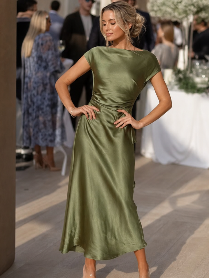 Women's elegant boat neck midi dress with cap sleeves. Perfect for parties & formal occasions.
