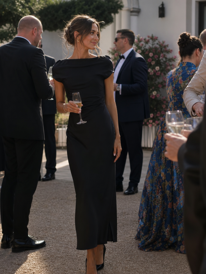 Women's elegant midi dress, boat neck, cap sleeves. Perfect sophisticated look for parties & formal events.