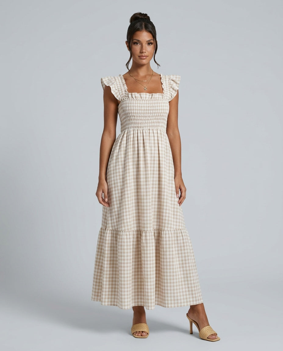 Women's refined gingham maxi dress with elegant ruffle sleeves, perfect for summer casual wear.