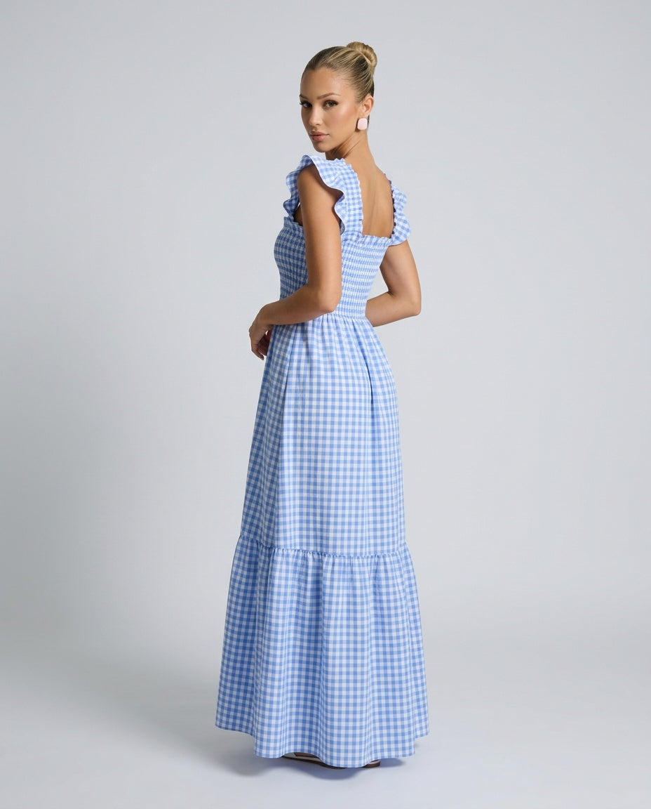 Refined women's gingham maxi dress, a casual yet elegant summer style with delicate ruffle sleeves.