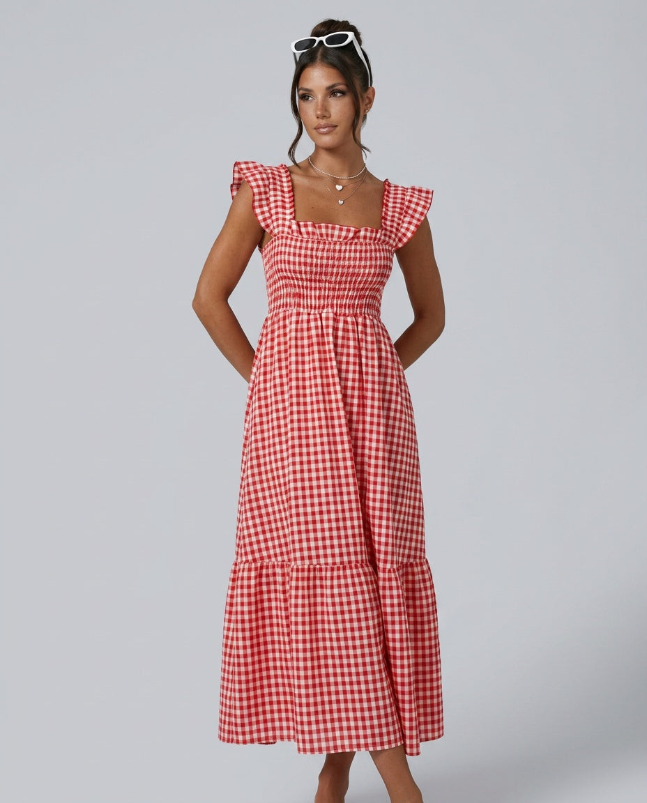Women's refined gingham maxi dress, great for vacation; features elegant ruffle sleeves & tiered design.