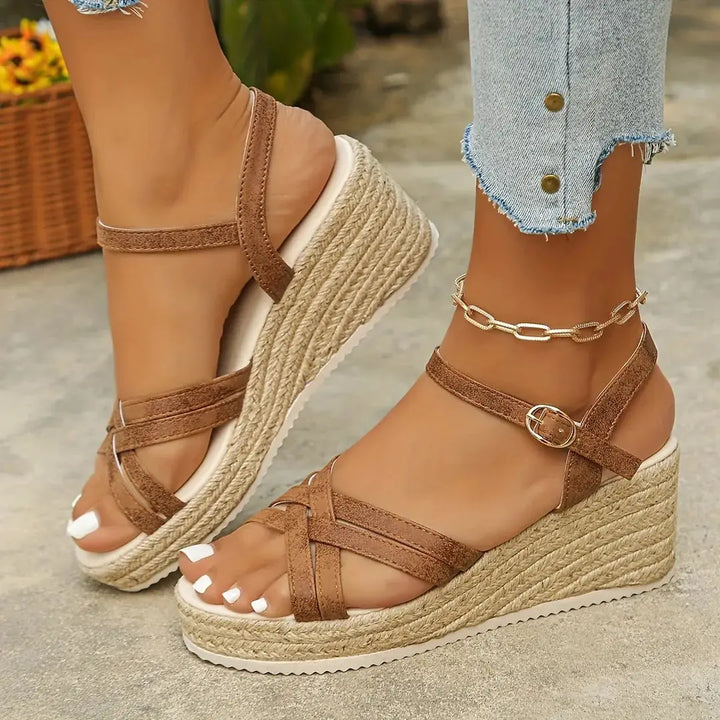 Elegant women's platform espadrille wedge sandals, ideal party footwear for summer.