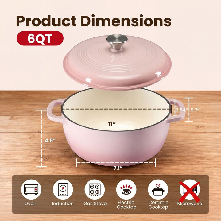 High-angle view of a 6-quart enameled cast iron Dutch oven, perfect for baking, braising, and stewing.