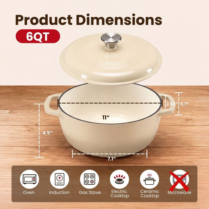 Vibrant enameled finish on a 6-quart cast iron Dutch oven, a stylish and functional kitchen essential.