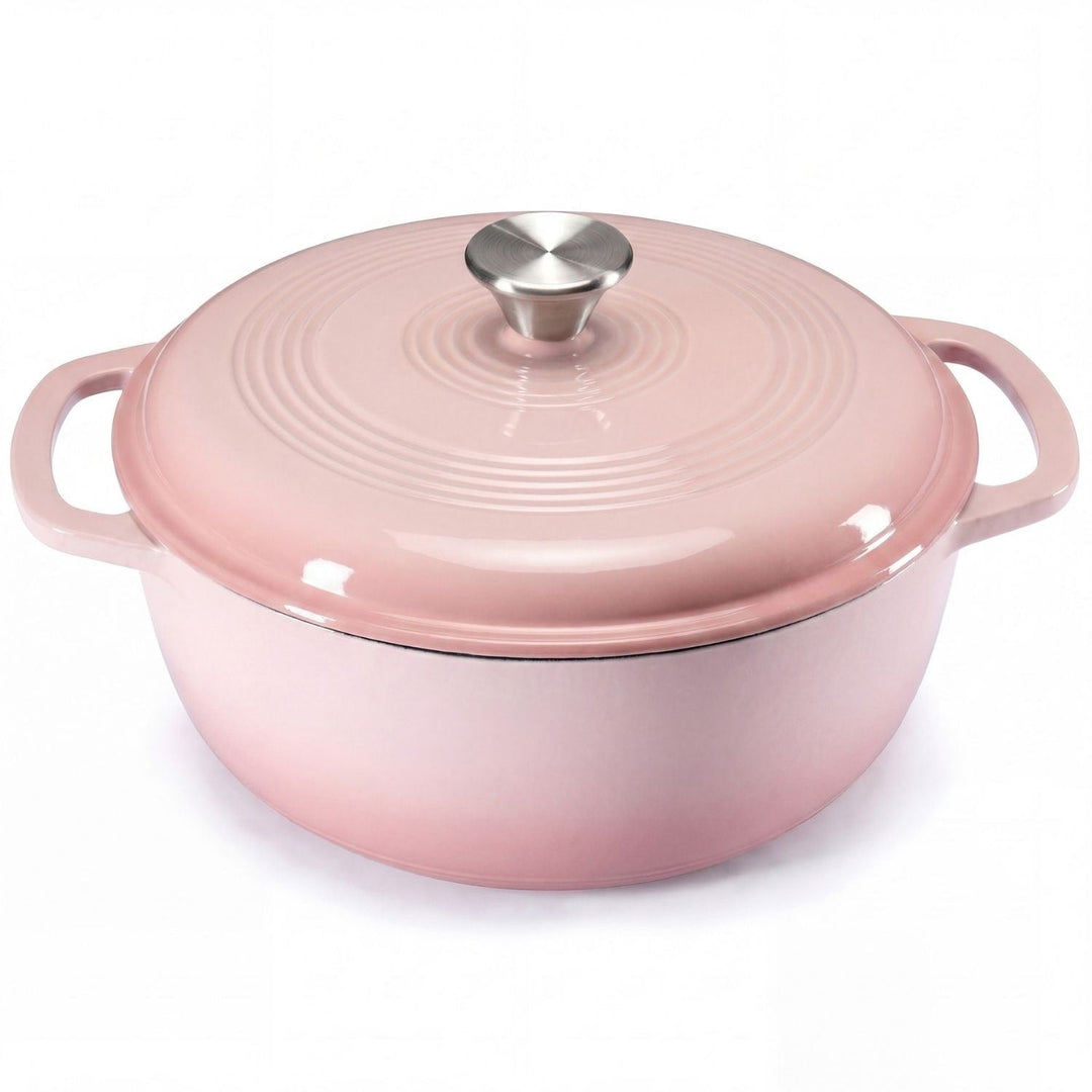 Close-up of the heavy, tight-fitting lid on a 6-quart enameled cast iron Dutch oven for even cooking.