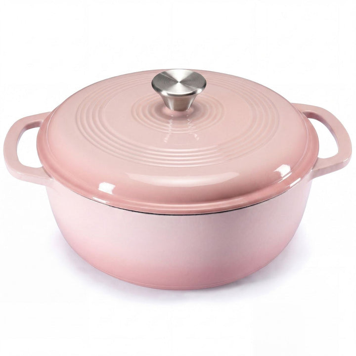 Close-up of the heavy, tight-fitting lid on a 6-quart enameled cast iron Dutch oven for even cooking.