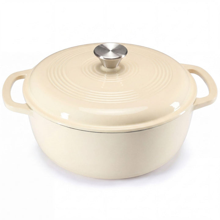 Hearty beef stew simmering in a versatile 6-quart enameled cast iron Dutch oven. Ideal for slow cooking.