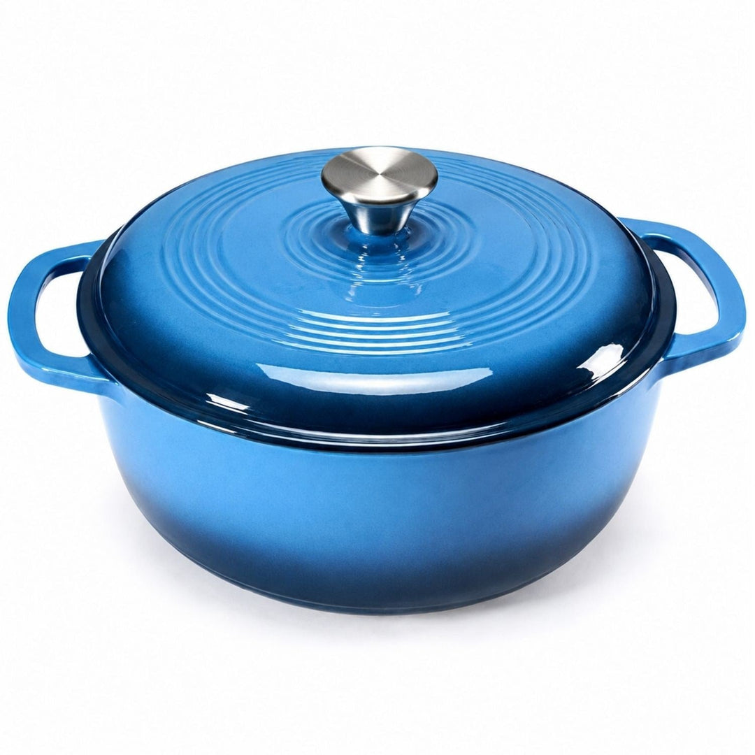 Versatile 6-quart enameled cast iron Dutch oven pot on a stovetop, ready for braising.