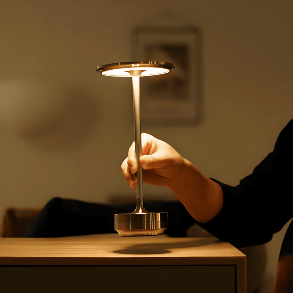 Rechargeable LED table lamp, cordless with adjustable brightness, perfect for modern home decor.