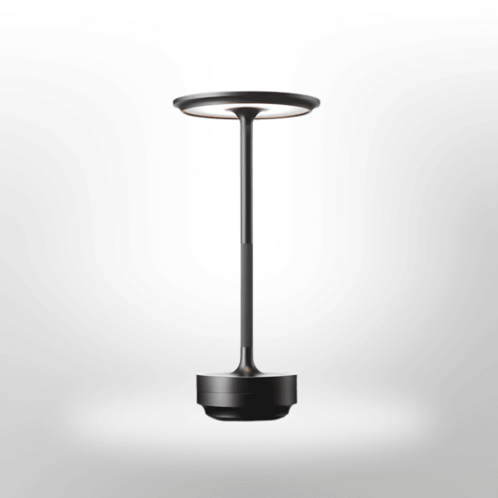 Sleek minimalist rechargeable LED table lamp, cordless, enhances any room's decor.