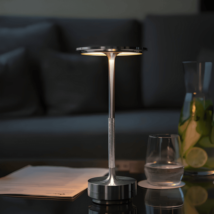 Cordless LED lamp with touch control adjustable brightness, modern design for home or office.