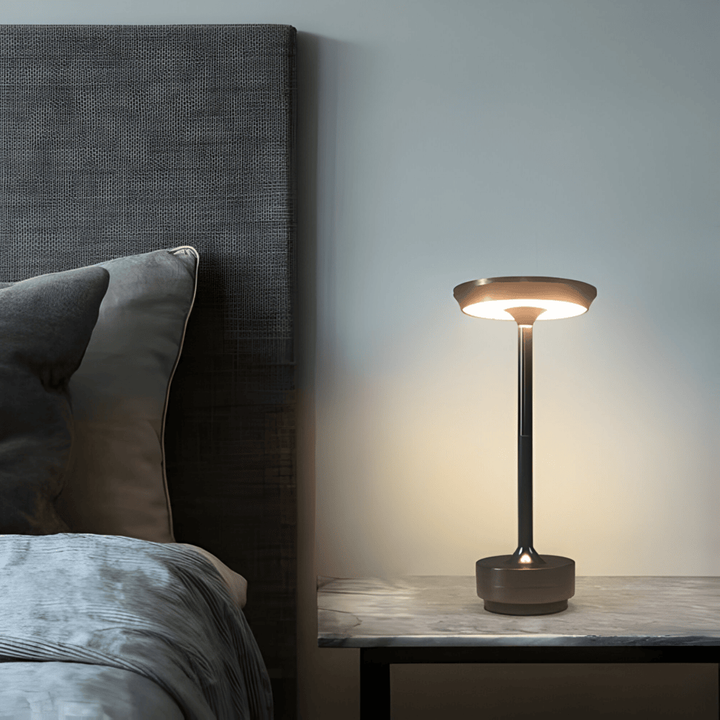 Clutter-free rechargeable LED table lamp, cordless and dimmable, brightens your workspace.