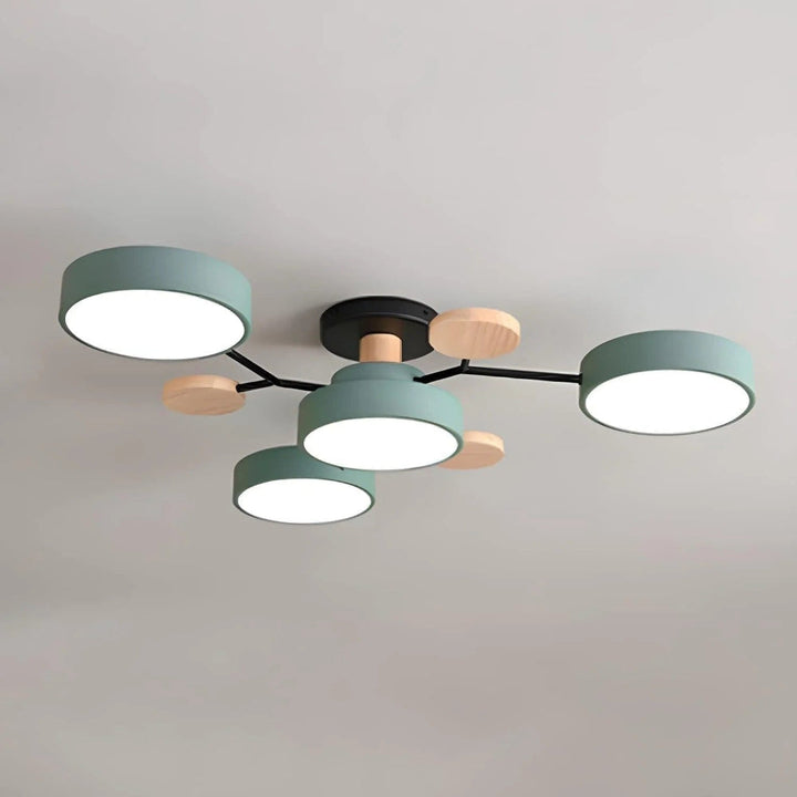 Flat profile LED semi flush mount chandelier, modern design for low ceilings in dining rooms.