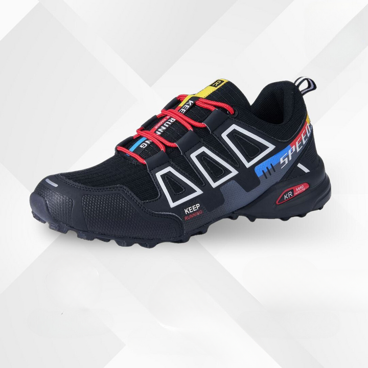 Close-up of laces and eyelets on TrailStep ergonomic hiking shoes, ensuring a secure fit.