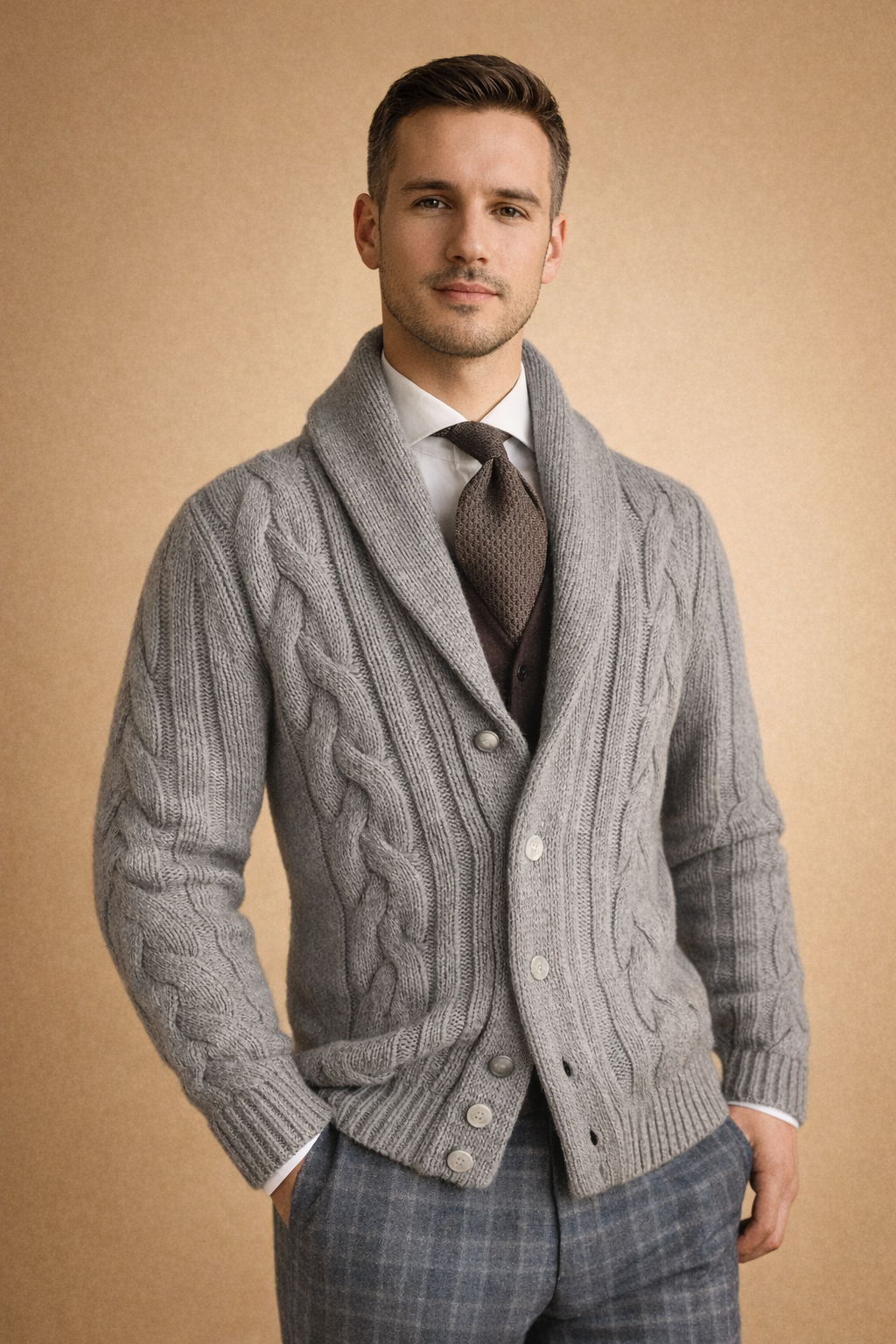 Stylish men's knit button cardigan. Versatile layering piece for casual outfits, ideal for fall & winter fashion.
