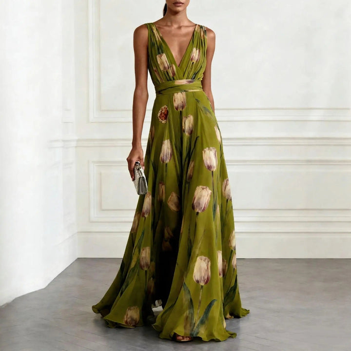 Stunning women's floral print maxi wrap dress. Elegant sleeveless v-neck long dress, perfect for summer parties.