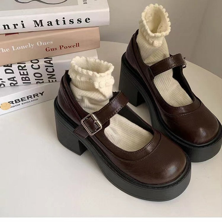 Pair of women's elegant chunky platform Mary Jane heels with buckle straps, perfect for retro, sophisticated, or casual style.