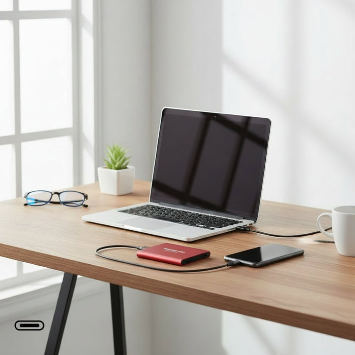 Compact external solid state drive, ideal for fast data backup & secure mobile storage on the go.