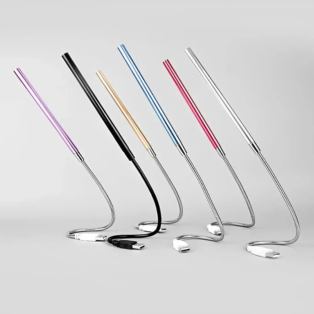Portable dimmable LED light with flexible gooseneck, powered by USB for keyboards.