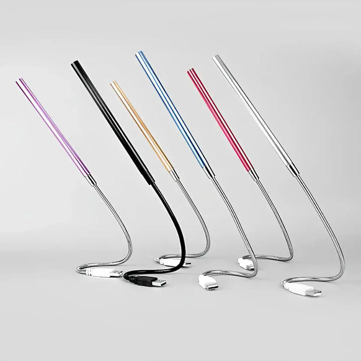Portable dimmable LED light with flexible gooseneck, powered by USB for keyboards.