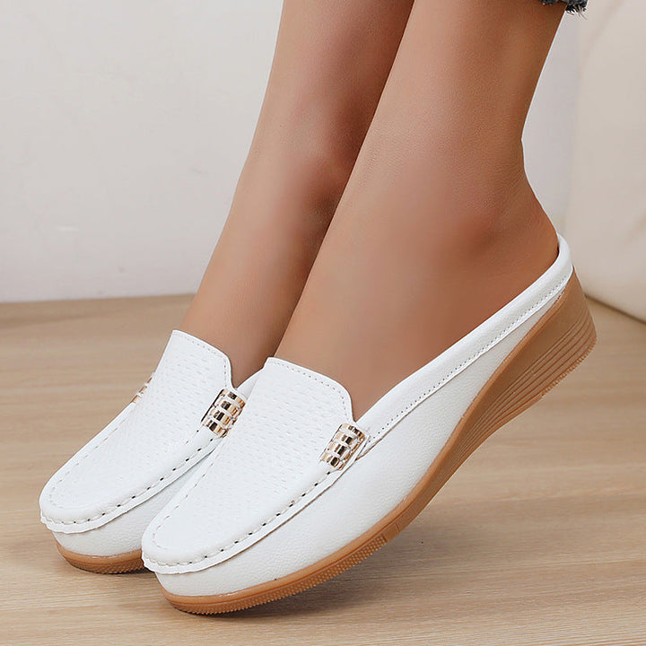 Perforated design women's wedge loafers, comfortable slip-on shoes for casual wear.
