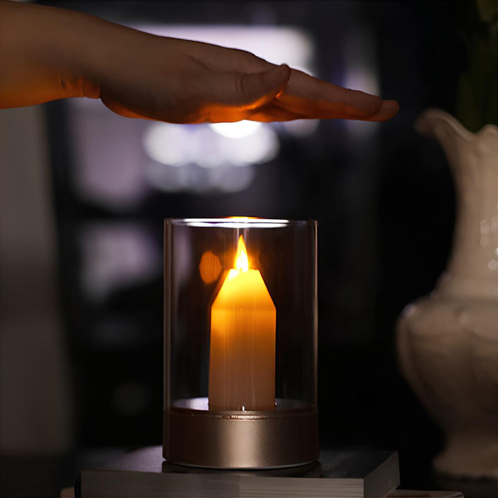 LED Flickering Flame Effect Lamp creating warm mood lighting for bedroom or living room ambiance. Wave sensor.